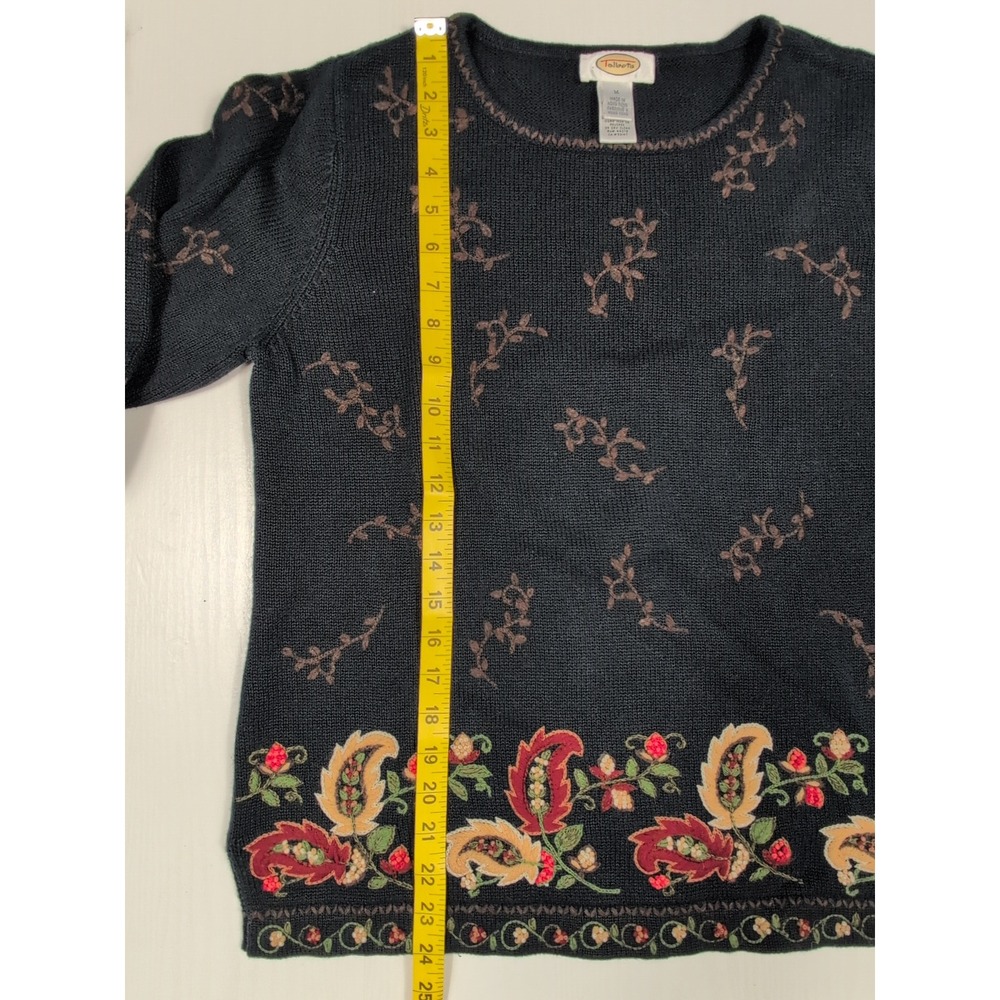 Talbots Womens Sweater M Black Paisley Floral Embroidery Long Sleeve Crew Neck - Picture 7 of 11